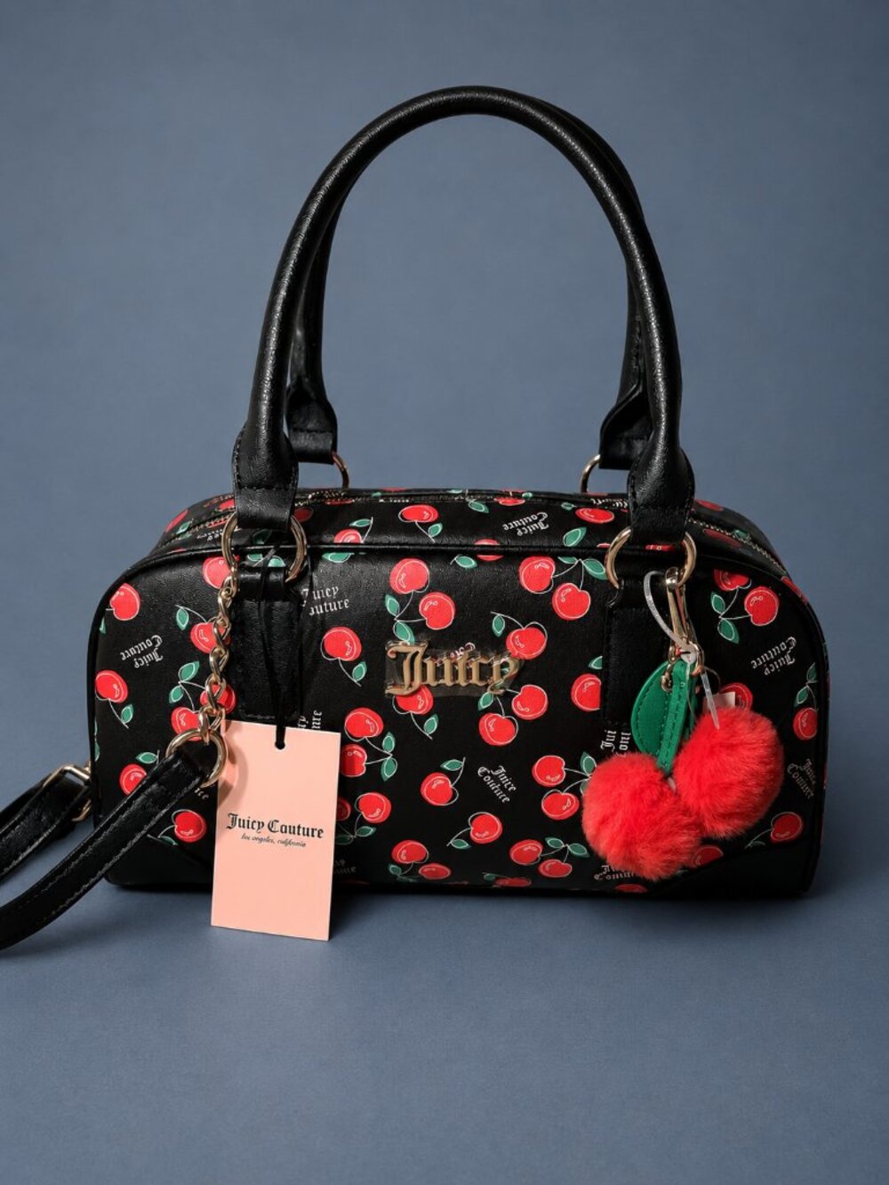 JUICY COUTURE Cherry Print Barrel Satchel Crossbody Bag w/ Cherry Pom Charm NWT